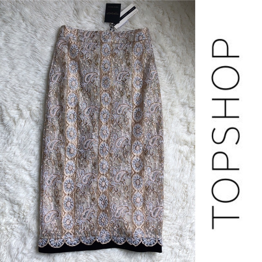 🔸NWT Top Shop | Gold Lace Pencil Skirt
